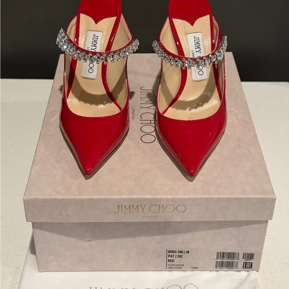 Ing Red Patent Pointed Toe Heels with Crystal Strap - Picture 1 of 6